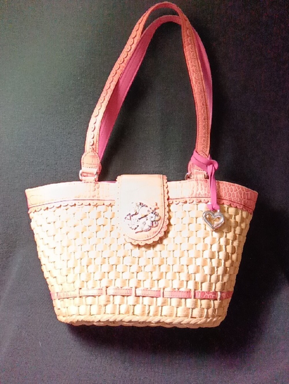 Brighton Pink-Trim Woven Straw Tote with Heart Charm - Picture 7 of 7